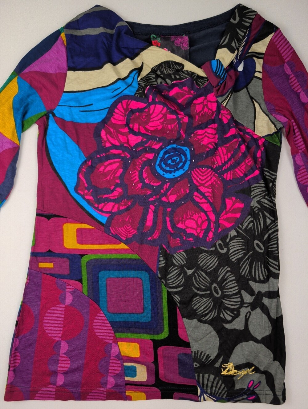 Desigual Vintage Y2K Patchwork Floral Knit Long Sleeve Top Large - Picture 6 of 13